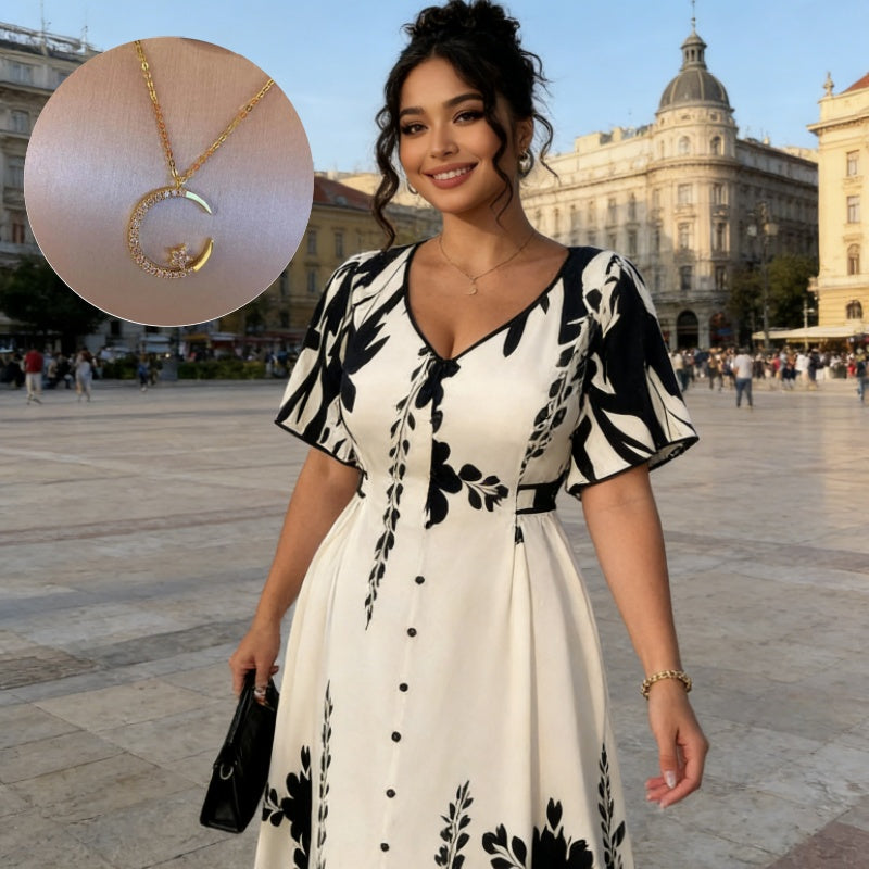 🌹🦋 Size (S-5XL)| Croială A (Ascunde Talia) | Rochie Midi Elegantă cu Decolteu în V și Imprimă Botanic Plus|✨-18