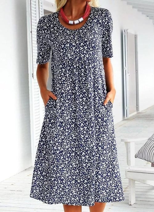🔥Vara rotund gât scurt maneca florale Midi rochii (8 culori cu buzunare)-3