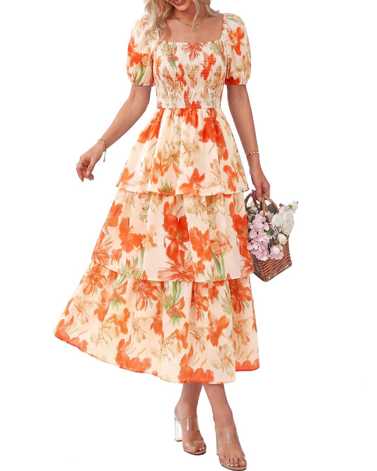 💃Rochie pentru femei cu imprimeu floral, gât pătrat, mâneci scurte, cu volane și smocuri