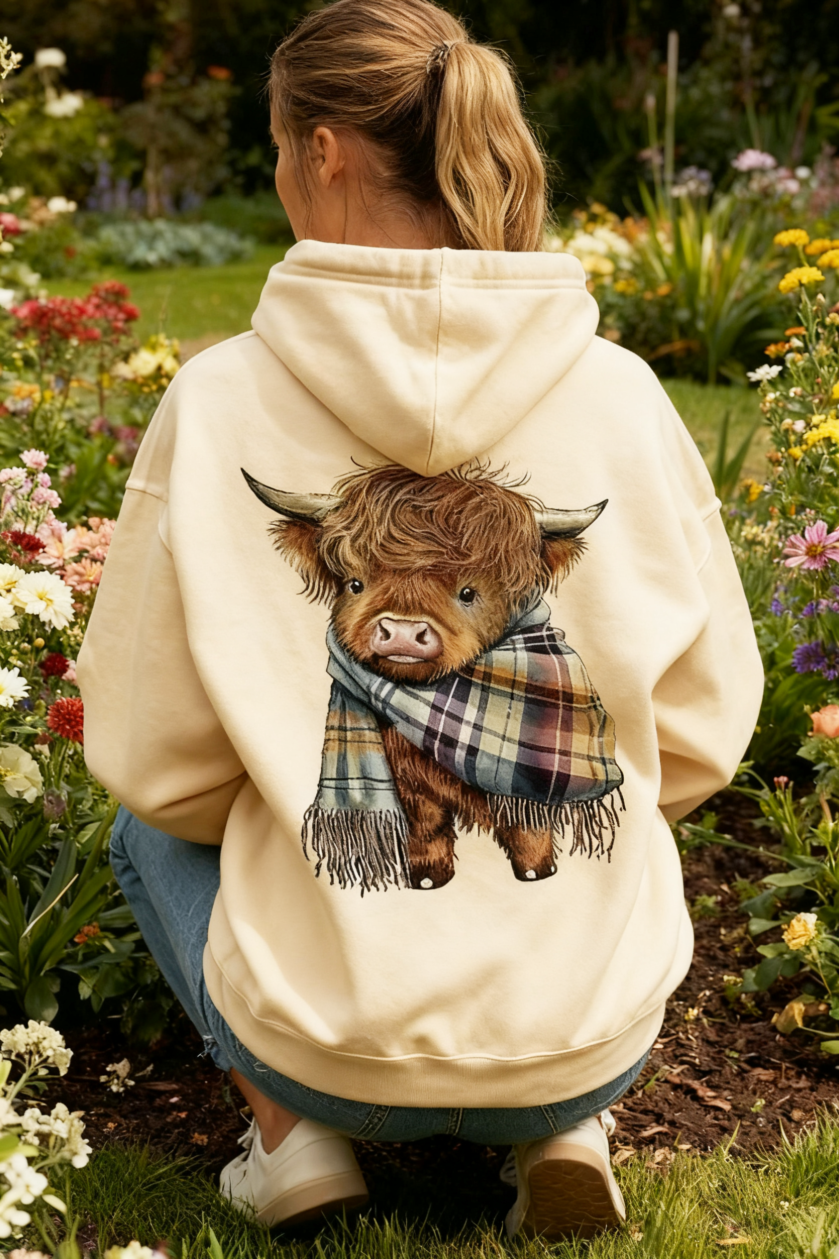 Hanorac drăguț cu glugă și căptușeală din fleece, cu motivul vacă Highland-2