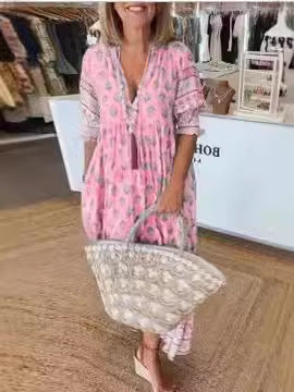🌸Oferte Speciale de Primăvară 50% REDUCERE👗Rochie Boho Floral cu Decolteu în V, Talie Înaltă, Silueta A-Line-9