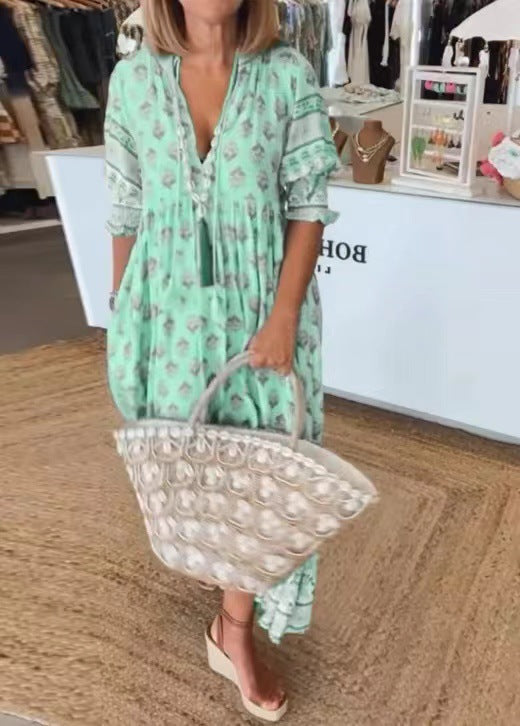 🌸Oferte Speciale de Primăvară 50% REDUCERE👗Rochie Boho Floral cu Decolteu în V, Talie Înaltă, Silueta A-Line-10