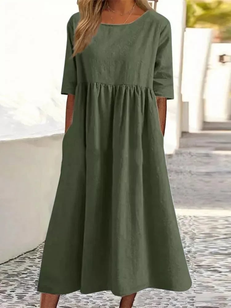 【S-5XL】👗Rochie din bumbac cu decolteu rotund și buzunare-6