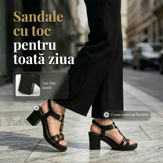 👡 Sandale cu toc gros pentru femei, cu curea în formă de T – spate elastic, platformă căptușită și curea metalică în formă de T – confort de la zi la noapte 💃