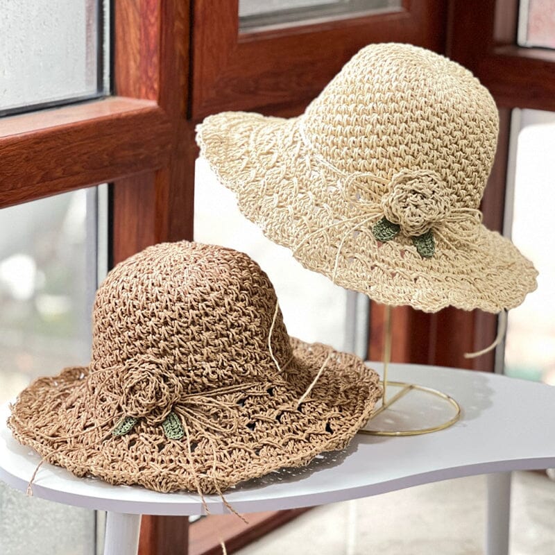 👒Pălărie elegantă de paie tricotată manual, cu detalii cu volane-1