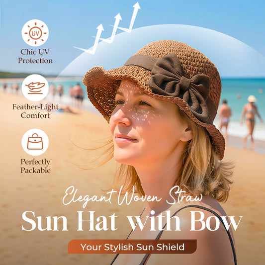 👒Pălărie elegantă de soare din paie împletită, cu fundă 🌞