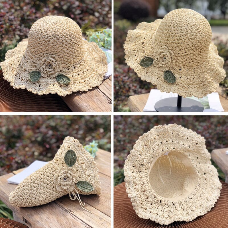 👒Pălărie elegantă de paie tricotată manual, cu detalii cu volane-6