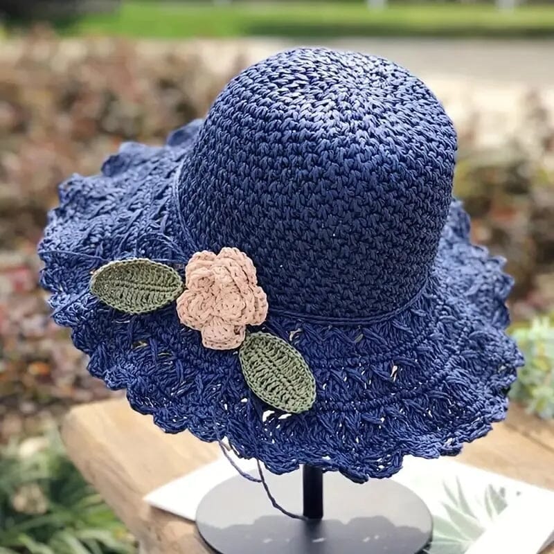 👒Pălărie elegantă de paie tricotată manual, cu detalii cu volane-11