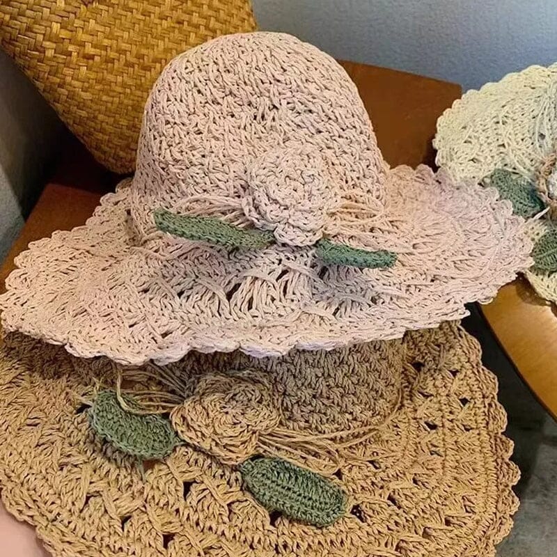👒Pălărie elegantă de paie tricotată manual, cu detalii cu volane-3