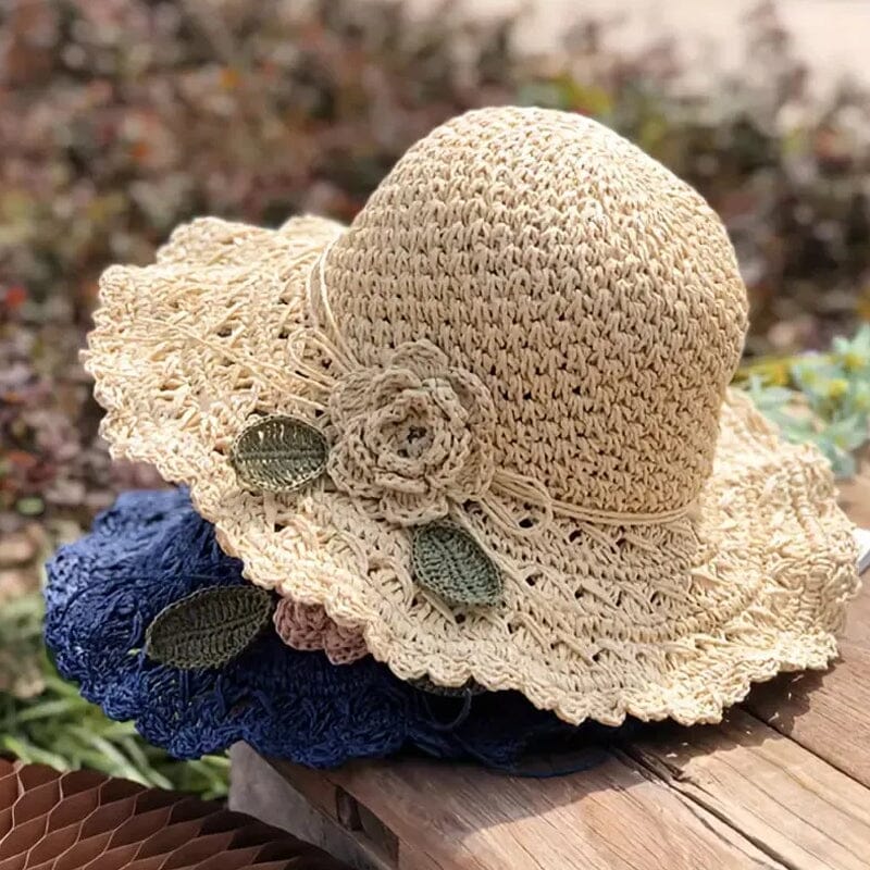 👒Pălărie elegantă de paie tricotată manual, cu detalii cu volane-5