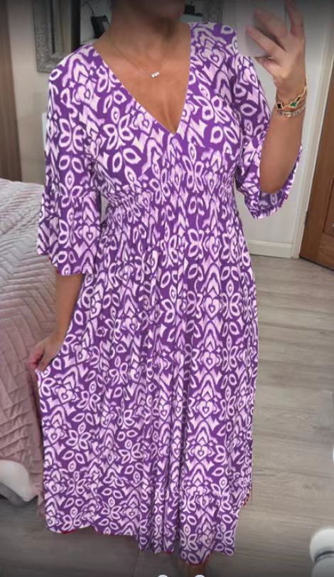 💞Rochie lungă cu decolteu în V și imprimeu boem casual-12