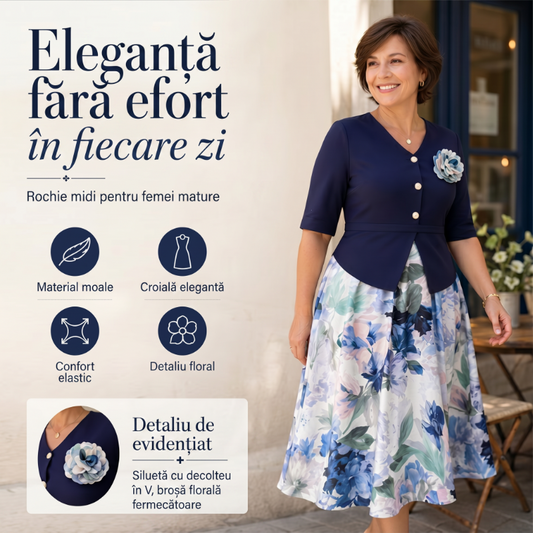 Rochie elegantă cu mâneci scurte și imprimeu floral pentru femei