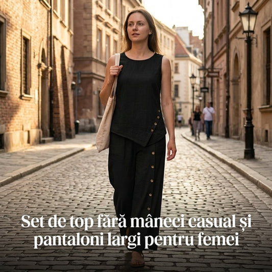 Set pentru femei compus din un top casual fără mâneci și pantaloni cu croi larg