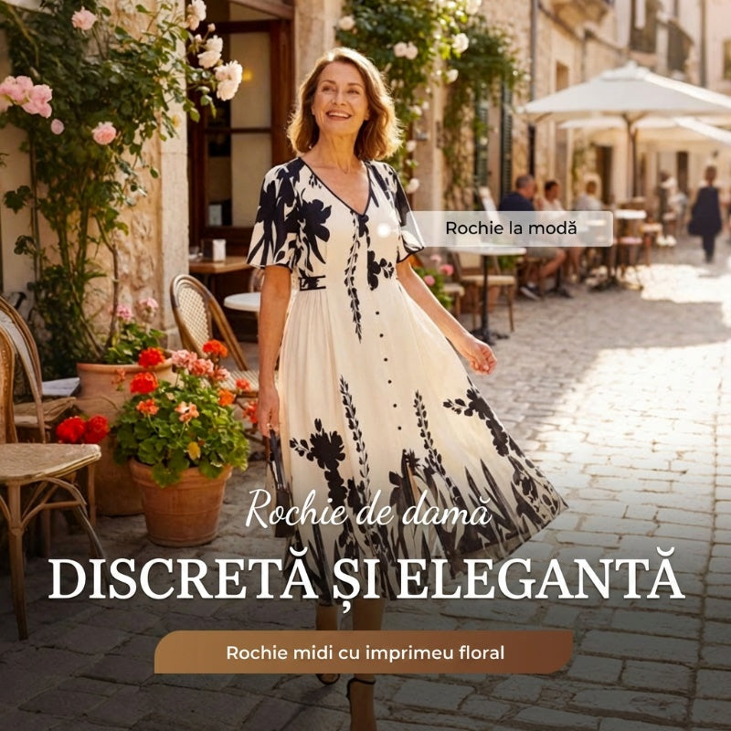 🌹🦋 Size (S-5XL)| Croială A (Ascunde Talia) | Rochie Midi Elegantă cu Decolteu în V și Imprimă Botanic Plus|✨