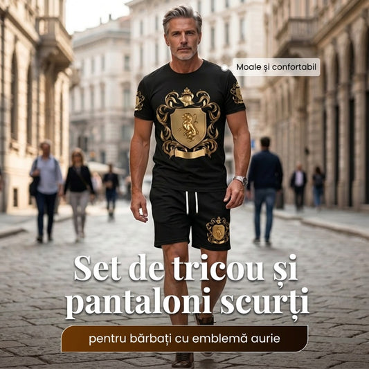 Set tricou și pantaloni scurți pentru bărbați, cu imprimeu Gold Crest