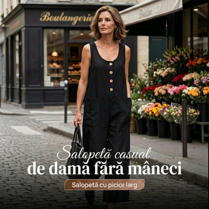 👖Salopetă fără mâneci pentru femei, cu croi larg la picioare și buzunare
