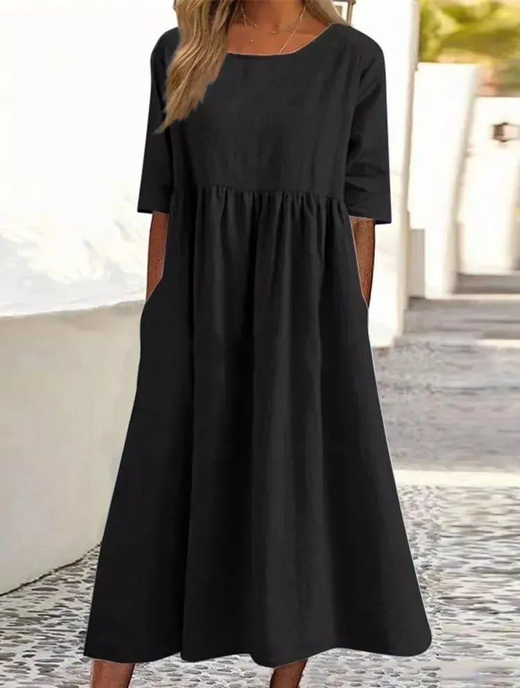 【S-5XL】👗Rochie din bumbac cu decolteu rotund și buzunare-5