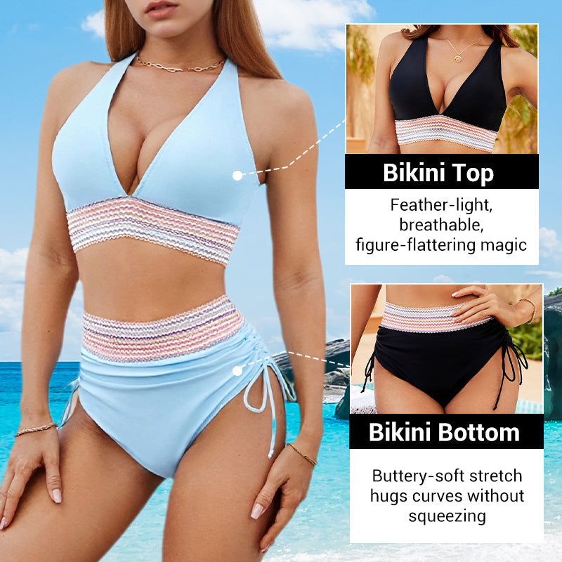 Bikini bikinis cu talie înaltă, bretele reglabile și blocuri de culori-1