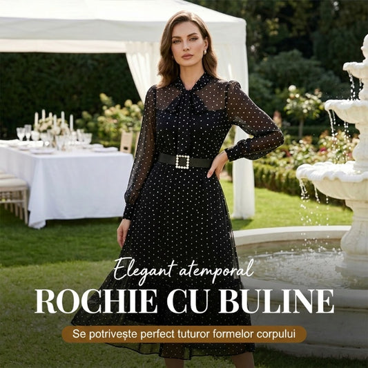 Rochie midi elegantă cu buline și guler tip cravată