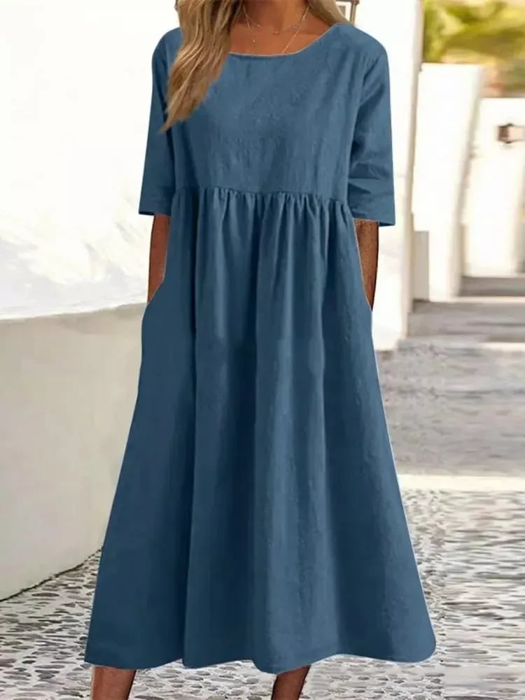 【S-5XL】👗Rochie din bumbac cu decolteu rotund și buzunare-8