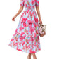 💃Rochie pentru femei cu imprimeu floral, gât pătrat, mâneci scurte, cu volane și smocuri