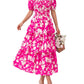 💃Rochie pentru femei cu imprimeu floral, gât pătrat, mâneci scurte, cu volane și smocuri