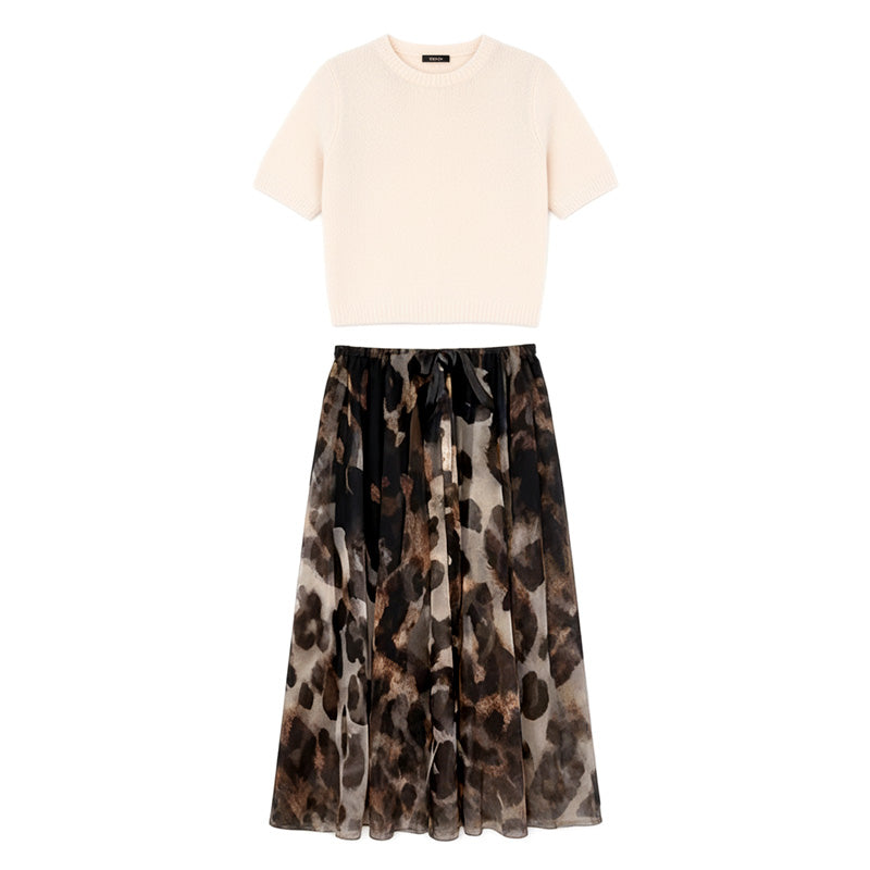 Set din două piese pentru femei: pulover și fustă leopard fluida-12
