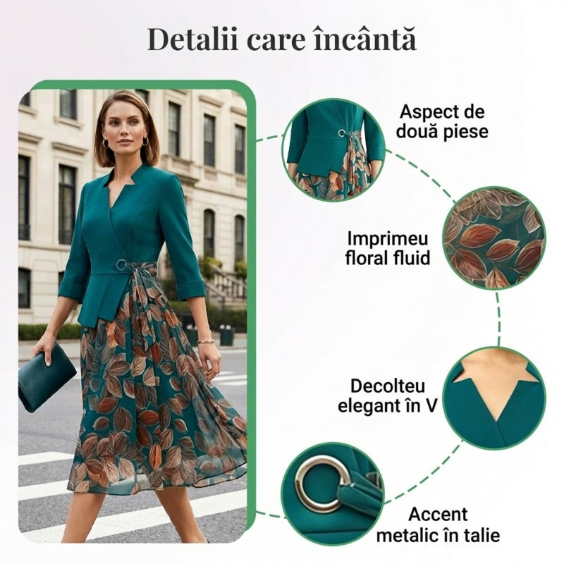 Rochie elegantă din material sintetic, în două piese, cu imprimeu de frunze✨ Eleganță naturală, oricând, oriunde ✨-6