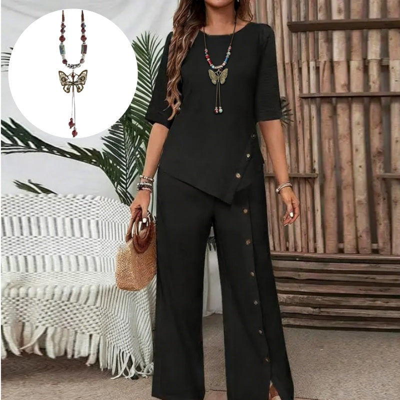 💖Top cu tiv neregulat pentru femei și pantaloni cu picior larg, set din două piese🔥-18