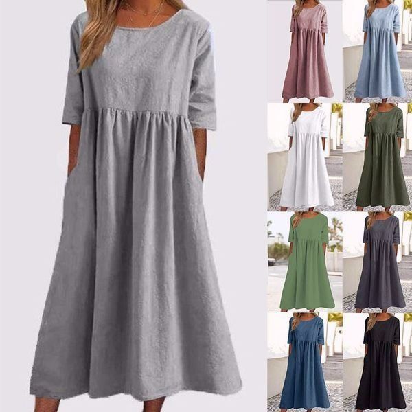 【S-5XL】👗Rochie din bumbac cu decolteu rotund și buzunare-2