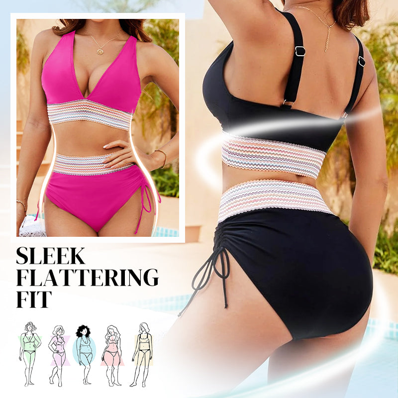 Bikini bikinis cu talie înaltă, bretele reglabile și blocuri de culori-3