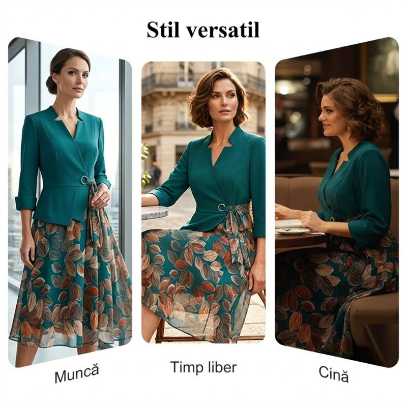 Rochie elegantă din material sintetic, în două piese, cu imprimeu de frunze✨ Eleganță naturală, oricând, oriunde ✨-7