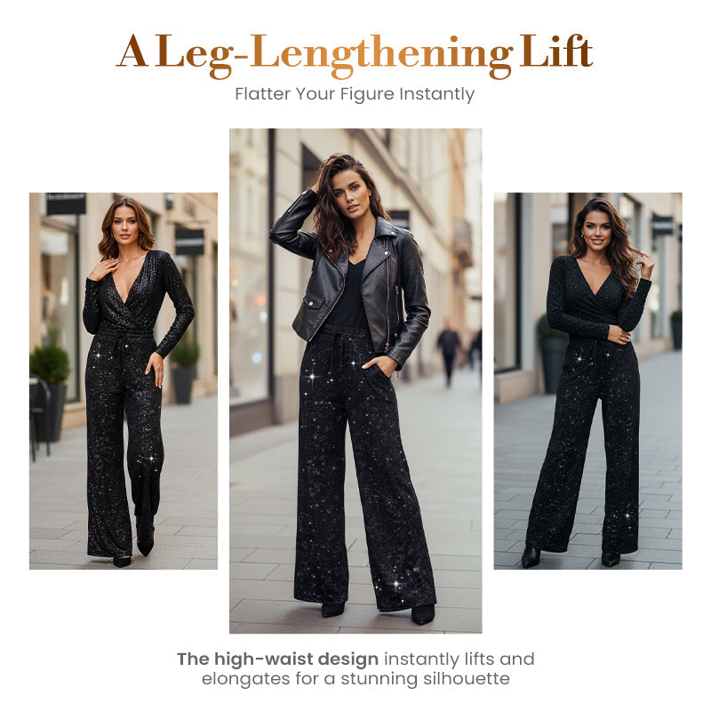 📢📢50 % OFF !!🎅Women's Sequin Sparkle Wide Leg Pants with Elastic Waistband-3