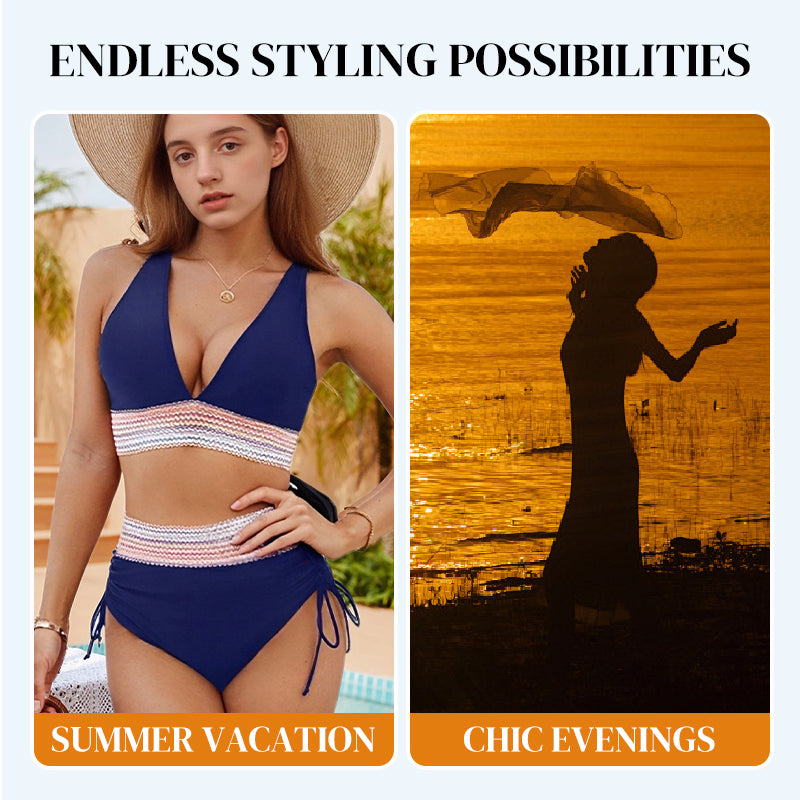 Bikini bikinis cu talie înaltă, bretele reglabile și blocuri de culori-4