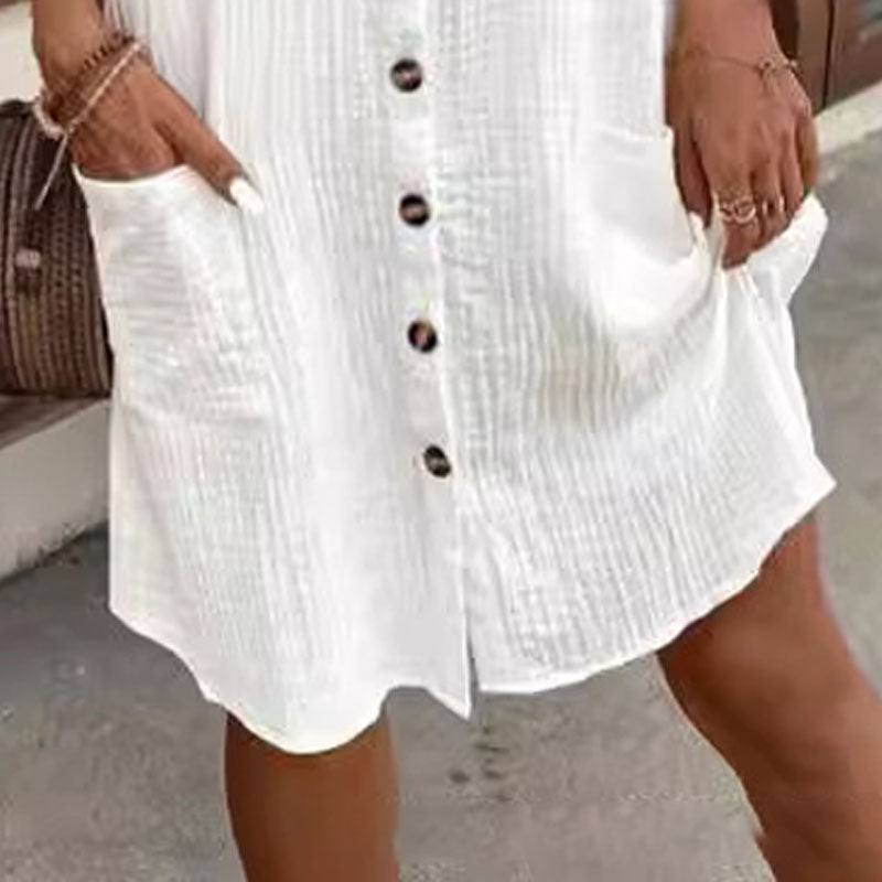 Rochie cămașă casual cu mânecă scurtă, cu nasturi, cu buzunar-2
