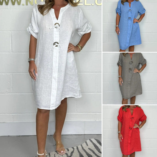 👗Rochie elegantă pentru femei din bumbac și in – Stil lejer cu nasturi