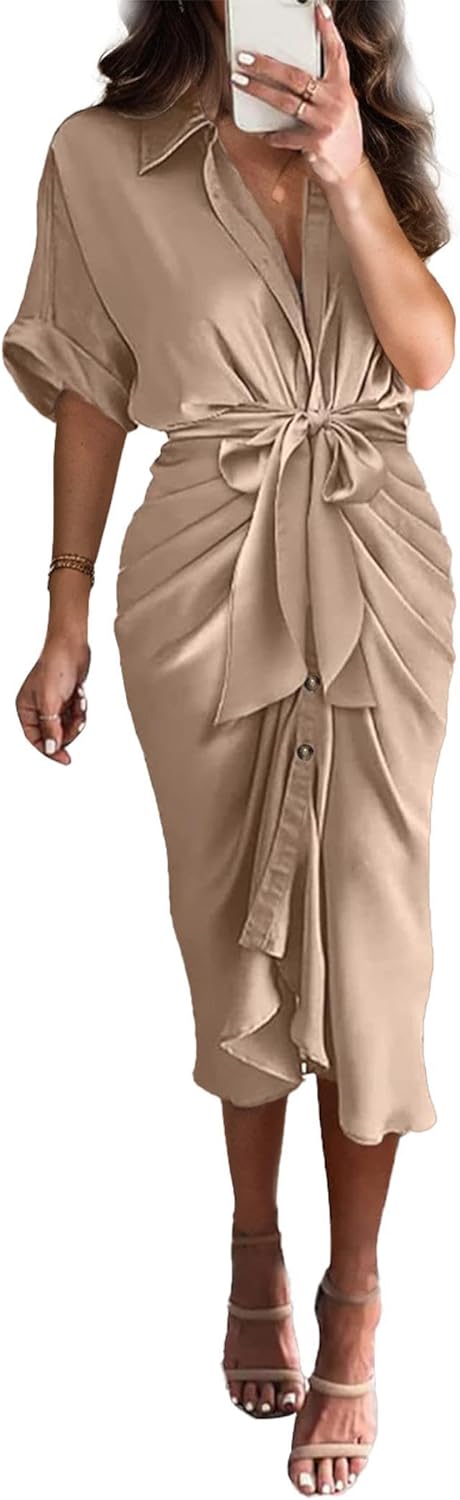 🔥Noutate vara 2026 – ❤️ Rochie-cămașă din satin cu nasturi pentru femei-5