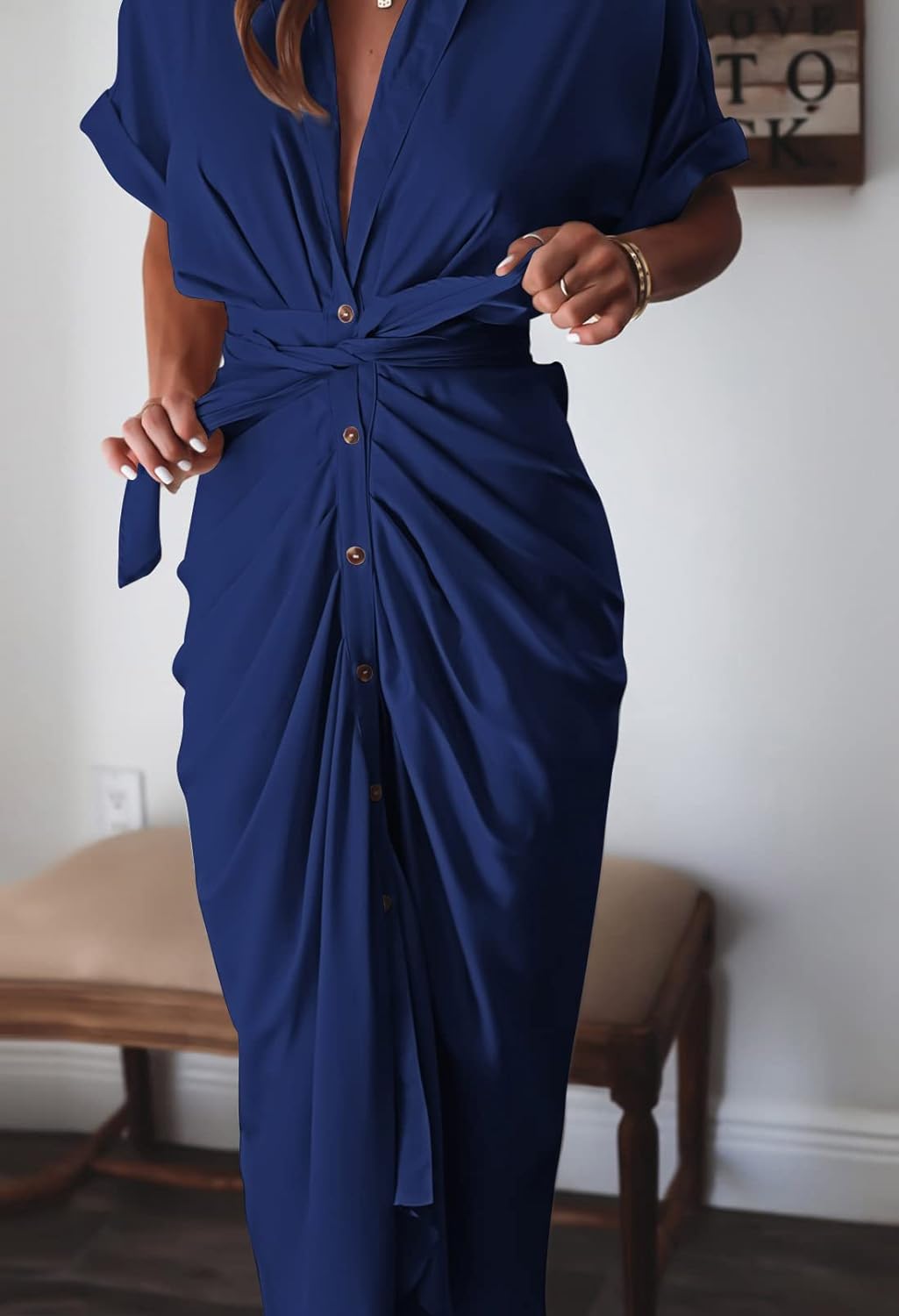 🔥Noutate vara 2026 – ❤️ Rochie-cămașă din satin cu nasturi pentru femei-9