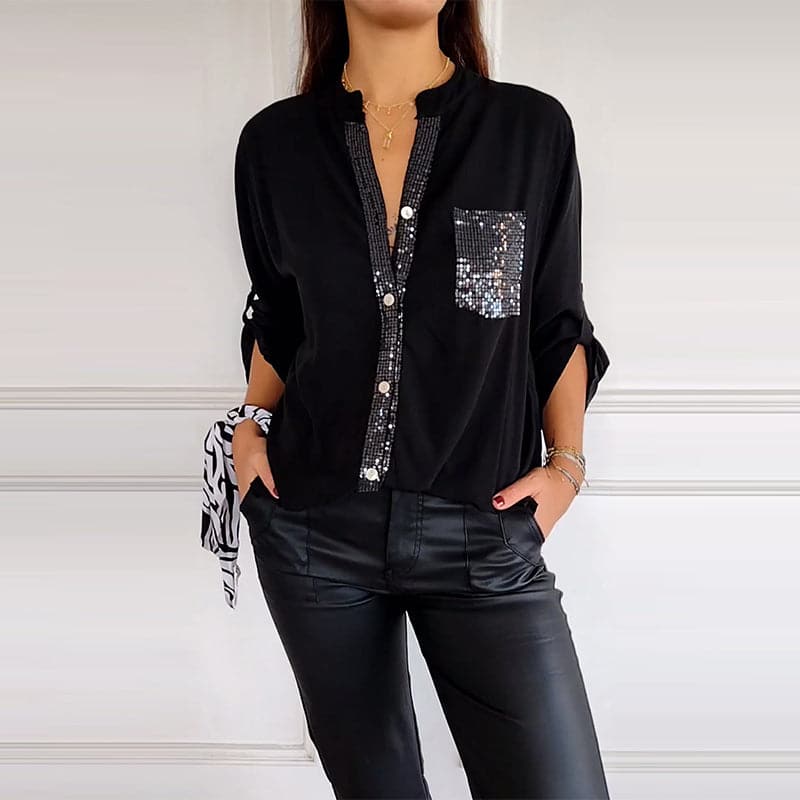 🔥Tricou de patchwork ocazional cu paiete-3