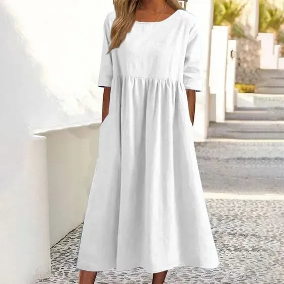 【S-5XL】👗Rochie din bumbac cu decolteu rotund și buzunare-3