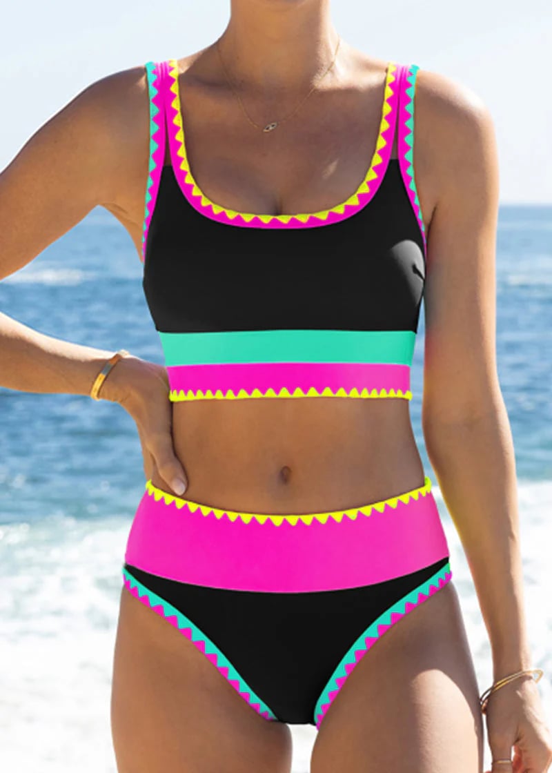 🔥🎁Noutate: 50 % REDUCERE🔥🌼 Set de bikini sportiv din nylon în trei piese, cu blocuri de culori – talie înaltă cu efect de slăbire a abdomenului 👙-4