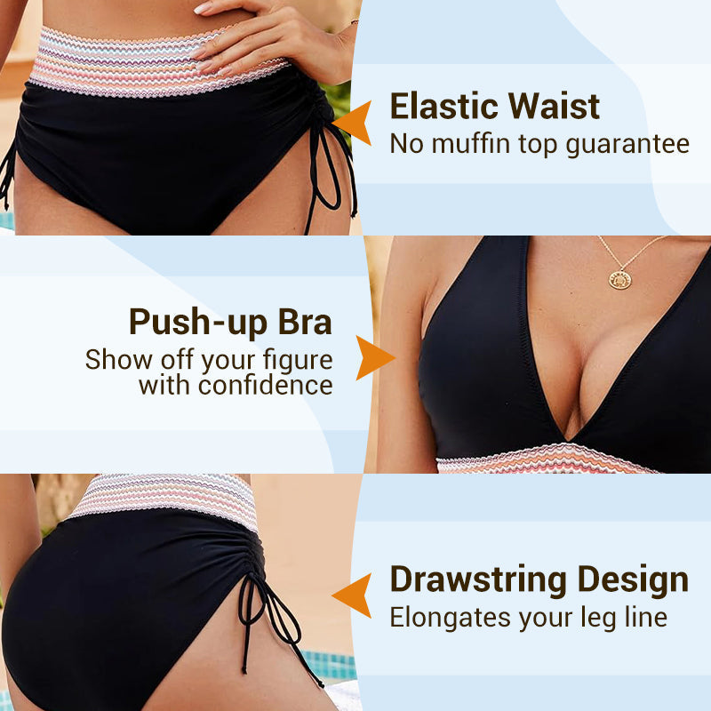 Bikini bikinis cu talie înaltă, bretele reglabile și blocuri de culori-5