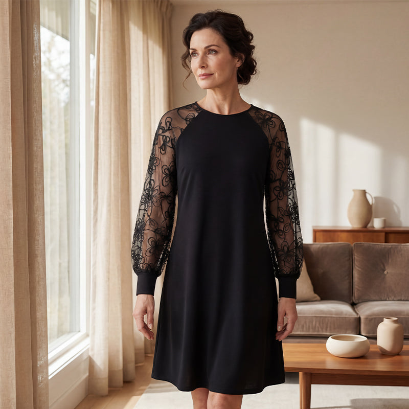 👗Rochie din dantelă cu mâneci lungi și decolteu rotund💖-6