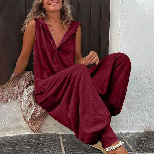 🌿 Salopetă fără mâneci cu glugă pentru femei – Țesătură moale, buzunare laterale și croială lejeră – Perfectă pentru zile casual și de vară ☀️