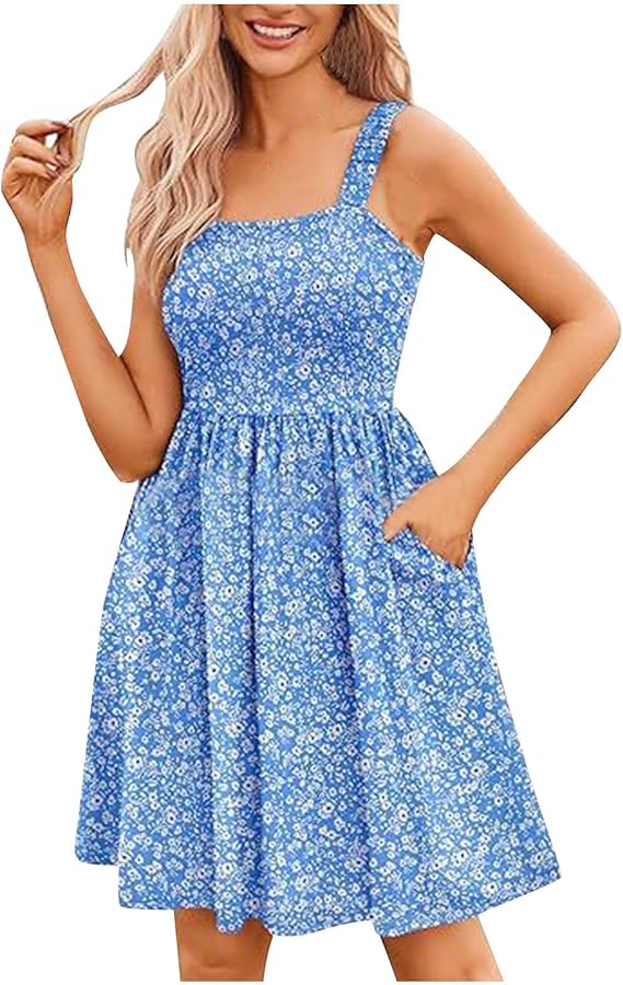 ⏰Ofertă specială: 50% reducere💃Rochii de vară pentru femei: rochie casual cu guler pătrat, imprimeu floral și buzunare-15