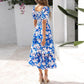 💃Rochie pentru femei cu imprimeu floral, gât pătrat, mâneci scurte, cu volane și smocuri