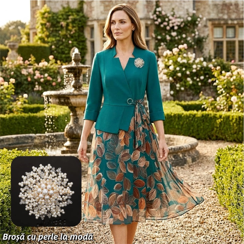 Rochie elegantă din material sintetic, în două piese, cu imprimeu de frunze✨ Eleganță naturală, oricând, oriunde ✨-12