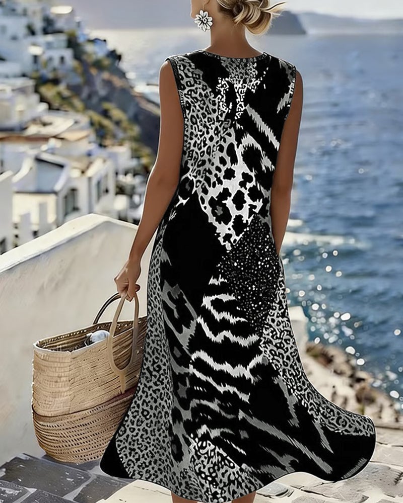 🎁Ofertă limitată: reducere de 50%！💐Rochie lungă fără mâneci, cu imprimeu leopard în stil patchwork-2