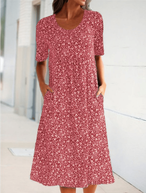 🔥Vara rotund gât scurt maneca florale Midi rochii (8 culori cu buzunare)-2
