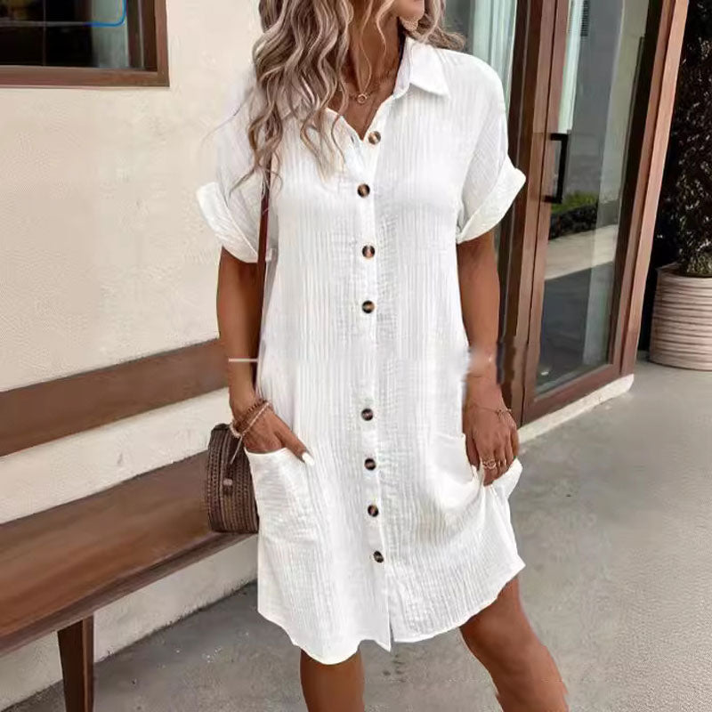 Rochie cămașă casual cu mânecă scurtă, cu nasturi, cu buzunar-5